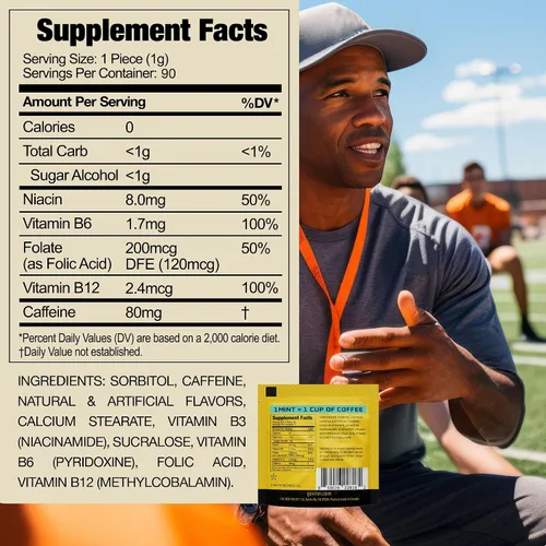 Vista 3 de Viter Energy Mentas Cafeinadas 80mg de Fuerza Extra - 90 Piezas Cafeinadas con Vitaminas B. Menta Vegana Sin Azúcar. Potenciador de Enfoque