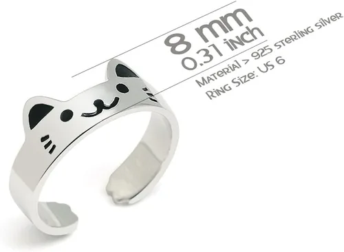Vista 5 de Anillo de gato de plata de ley 925 lindo anillo de gatito joyería de moda ajustable tamaño (EE. UU. 6.5), Plata de ley