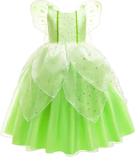Vista 2 de Carkno Disfraz de princesa verde para niñas con alas de hada, diadema de flores, accesorios de disfraz, juego de rol de Halloween
