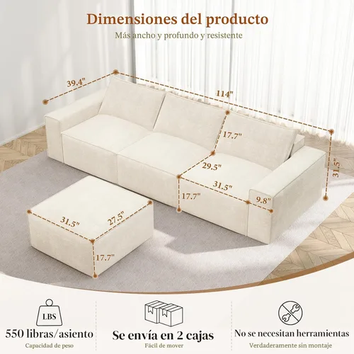 Vista 2 de Vesgantti Sofá Seccional Modular de 114" Sin Estructura, Moderno Sofá de 3 Plazas con Otomana y Asiento Profundo, Sofás de Nube Convertibles