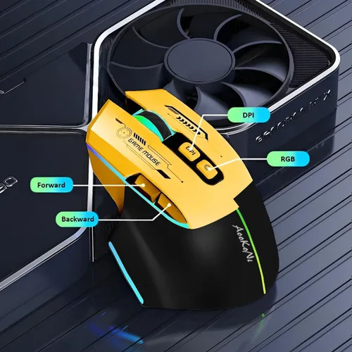 Vista 7 de Mouse inalámbrico, mouse recargable, mouse ergonómico con 4 DPI ajustables hasta 2400, luces de respiración RGB, compatible con laptop, Chromebook