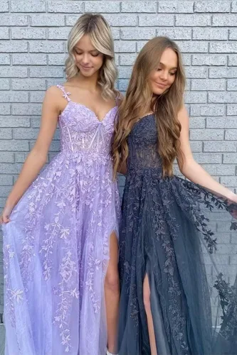 Vista 4 de Kncpti Vestidos de fiesta con tirantes delgados para mujer, apliques de encaje, hombros descubiertos, tul sexy, dividido, largo, formal, vestidos