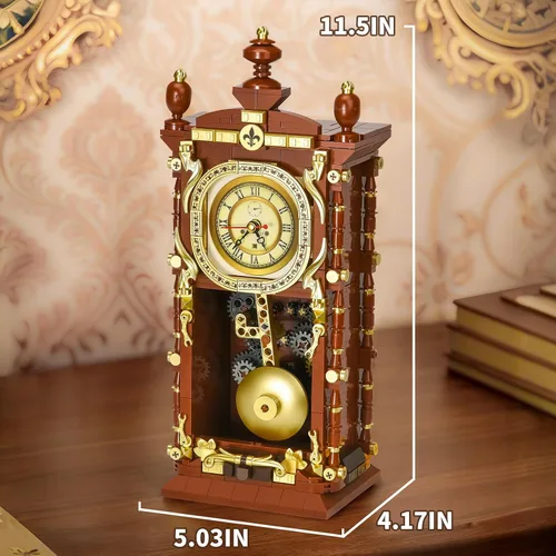 Vista 2 de Juego de construcción de reloj retro para adultos, modelo de reloj de péndulo vintage con engranajes giratorios, juguetes de bloques de construcción