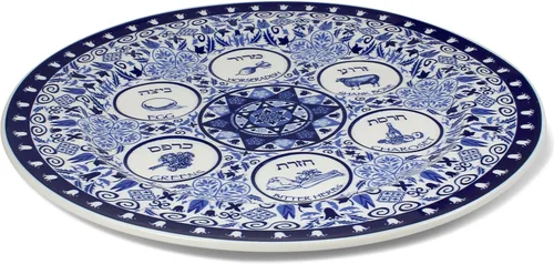 Vista 6 de Plato de porcelana para Pascua Seder de 13 pulgadas, bandeja redonda renacentista con patrón floral adornado, bandeja de pessah extra grande
