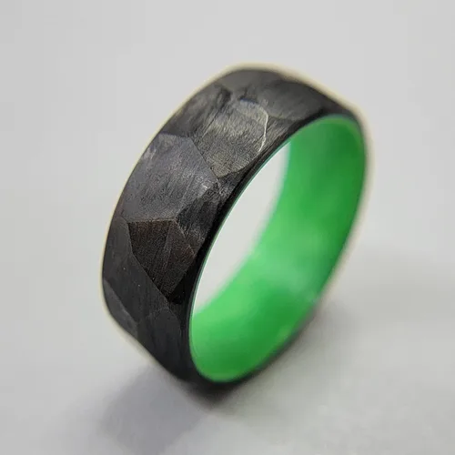 Vista 3 de Handmade Ring Band - Carbon Fiber Faceted/Hammered Ring with Glow Interior, Matte Finish, Glow-in-the-Dark Durable, Waterproof, Sizes 4-16, Custom