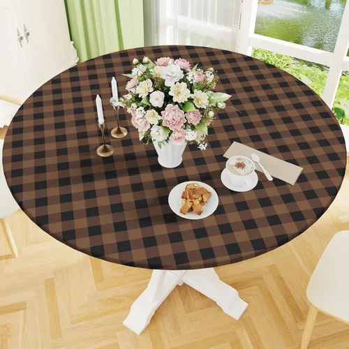 Vista 14 de Smiry - Mantel redondo de picnic de vinilo elástico impermeable con respaldo de franela, mantel de vinilo ajustable para mesas de 31-35 pulgadas