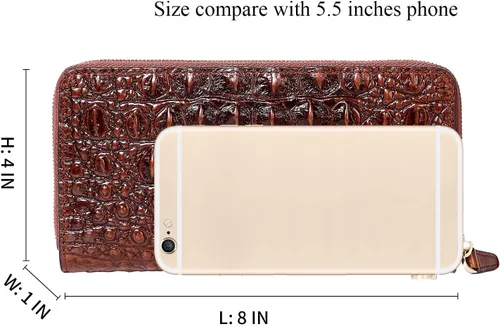 Vista 7 de PIJUSHI Billetera de piel de cocodrilo para mujer, bolso de mano, 1058 Café Croco