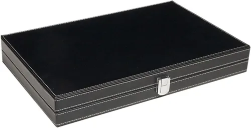 Vista 5 de Juego de backgammon de viaje de cuero sintético, campo de terciopelo con incrustaciones, 15 pulgadas, color negro