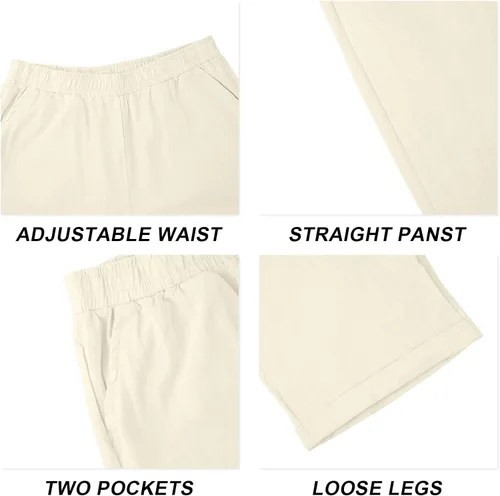 Vista 5 de CTU Conjunto de 2 piezas de lino para hombre, manga larga, cuello en V, camisas con botones, para verano, vacaciones, pantalones de yoga sueltos