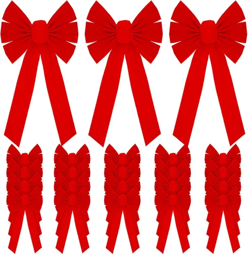 Vista 9 de Hoteam 24 Piezas Lazos Grandes de Terciopelo Rojo de Navidad 10 x 16 Pulgadas Lazo Verde Colgante para Corona de Navidad Lazo Superior para Árbol