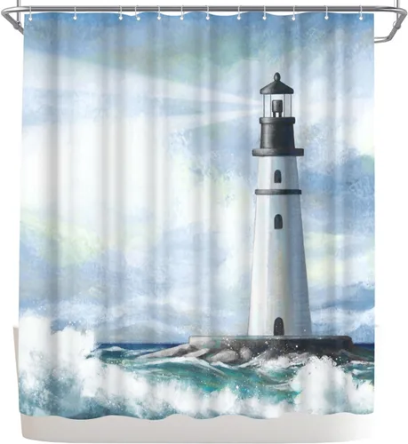 Vista 5 de WELMECO Cortina de ducha náutica, cortina de ducha con diseño de faro azul, tela de poliéster, 72 x 72 pulgadas
