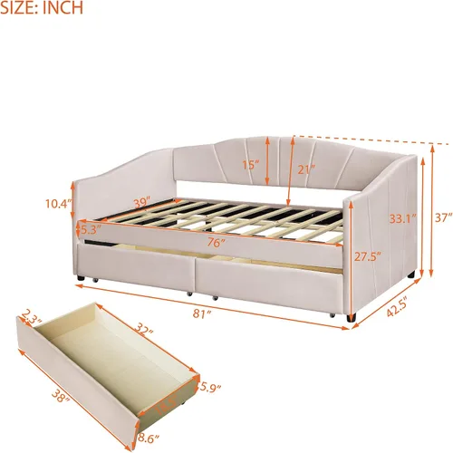 Vista 2 de Sofá cama individual con 2 cajones tapizado moderno, plataforma para sofá cama, marco de listones de soporte para dormitorio, sala de estar,