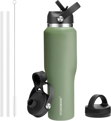 Vista 16 de HYDROWION Botella de agua aislada de 32 onzas, soporte para botella de agua para automóvil, botella de viaje aislada al vacío de doble pared