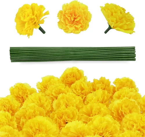 Vista 12 de 30 flores artificiales de caléndula de 2 pulgadas, cabezas de flores de caléndula de seda con tallos, flores naranjas artificiales para decoración