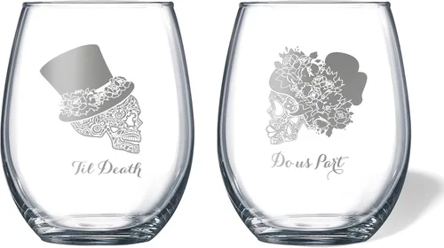 Vista 5 de Alterd Industries Calavera de azúcar – Til Death Do Us Part grabado, vasos de tostado, regalos de boda para parejas, calavera de copa de vino