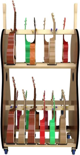 Vista 2 de Carrito de almacenamiento de ukelele móvil para escuelas (18) – The Band Room Estante para aula de música Fabricado en Estados Unidos