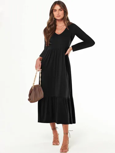 Vista 5 de Paintcolors Vestido largo casual de manga larga con cuello en V para mujer, vestido escalonado, color sólido, holgado, con vuelo, vestido midi