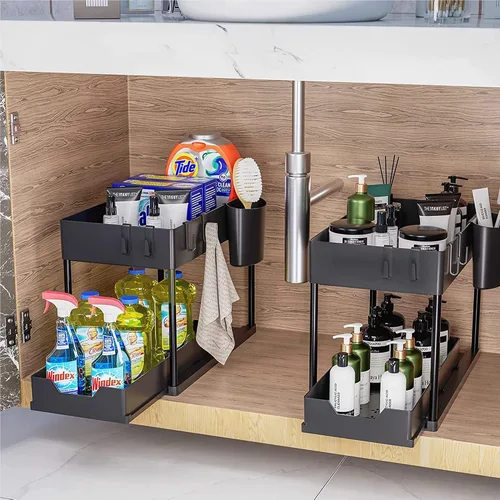 Vista 5 de Organizador de armario extraíble para debajo del fregadero, organizador de 2 niveles, organizador de cestas de almacenamiento deslizantes de cocina