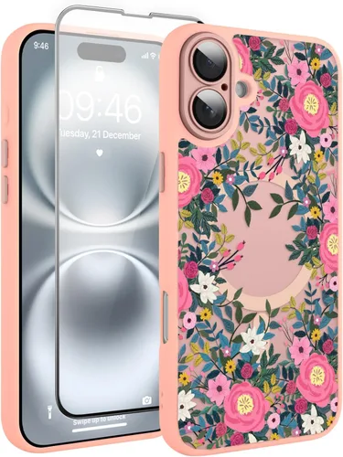 Vista 145 de Magnético para iPhone 13 con protector de pantalla [Compatible con MagSafe] Diseño de patrón floral de flores bonitas, funda delgada a prueba