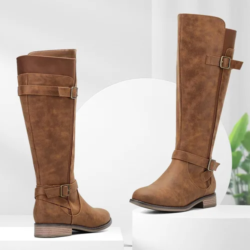 Vista 3 de ALLOT Botas altas hasta la rodilla para mujer, botas de equitación elásticas de moda, tacón bajo, correa de hebilla, zapatos de motocicleta