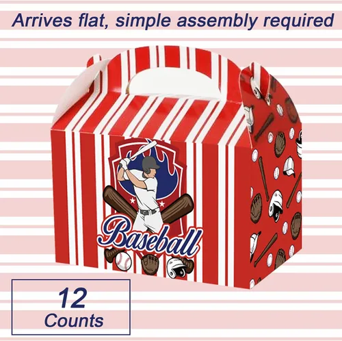 Vista 3 de chiazllta Cajas de regalo de fiesta de béisbol, cajas de regalo, galletas de caramelo de béisbol, caja de cartón con asas para niños, suministros