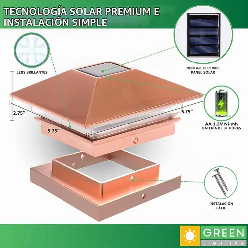 Vista 3 de Postes solares GreenLighting Nominal 4 x 4 Slim LED, lámpara con remate para postes de madera, Bronce Cobre