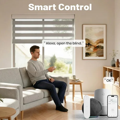 Vista 3 de Persianas motorizadas con control remoto, persianas automáticas inalámbricas de cebra, persianas inteligentes para ventanas, color gris, 20 x 72
