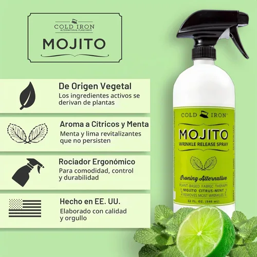 Vista 3 de Cold Iron Spray antiarrugas para ropa. 32 onzas líquidas Mojito Citrus Mint. Alternativa de planchado a base de plantas. Rápido, fácil de usar.
