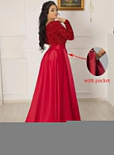 Vista 2 de Miao Duo YZTS055 - Vestido de fiesta de graduación con lentejuelas brillantes para mujer, con bolsillos, manga larga, de satén, formal