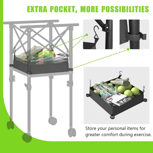 Vista 5 de Recogida de pelotas de tenis con ruedas - Cesta de pelotas de tenis plegable y ajustable en altura con bolsa de almacenamiento de pelotas