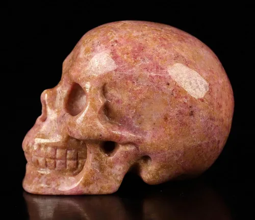 Vista 4 de Skullis Calavera de cristal de rodonita rosa y negra, escultura de arte fino de piedras preciosas talladas a mano, estatua de piedra curativa
