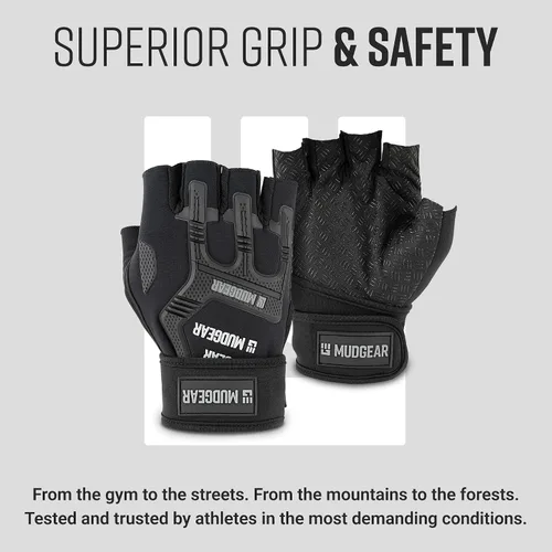 Vista 6 de MudGear Guantes de entrenamiento duraderos sin dedos con soporte de muñeca para carreras de obstáculos y entrenamiento de fitness, mejoran