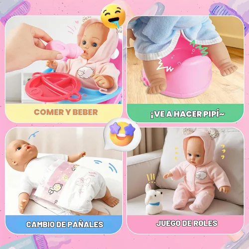 Vista 6 de SMILESSKIDDO - Juego de juguete de cochecito de muñeca bebé - Muñecas blandas de 12 pulgadas con accesorios, silla de comedor, ropa para muñecas