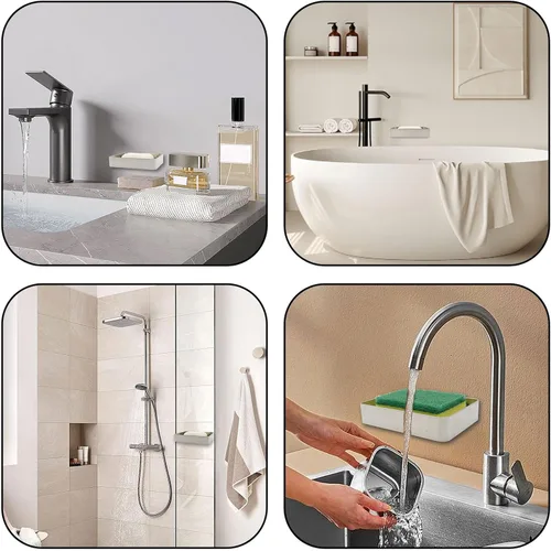 Vista 7 de Jabonera de acero inoxidable plateado para jabón montado en la pared con tornillos, jabonera resistente para barra de jabón elegante soporte