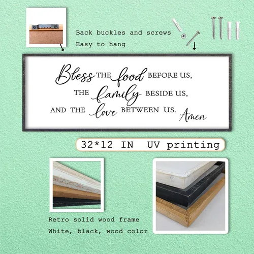 Vista 2 de LuZhiQiang Arte de pared para comedor 81,3×30,5 cm "Bless The Food Before Us" Letrero cristiano para cocina, cita familiar agradecida, cuadro grande