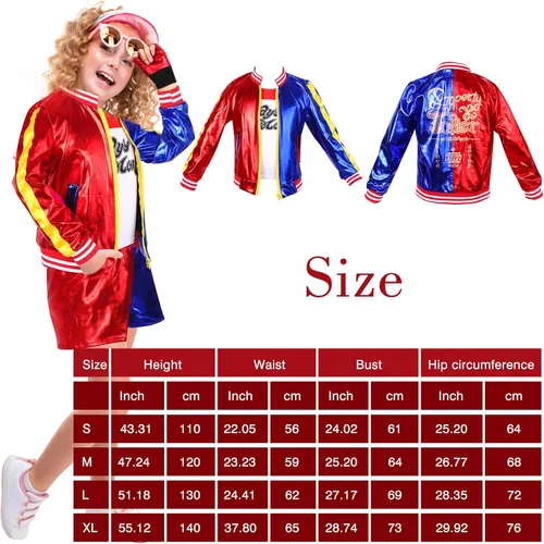 Vista 2 de iminfit Disfraz de Harley para niños con chaqueta, pantalones cortos, camiseta, guantes, kit de disfraz para Halloween, fiesta de cosplay