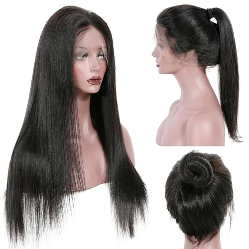 Vista 12 de KUN Light Yaki - Peluca de cabello humano lacio con flequillo para mujeres negras, pelucas de encaje 360 con flequillo, cabello humano prearrancado