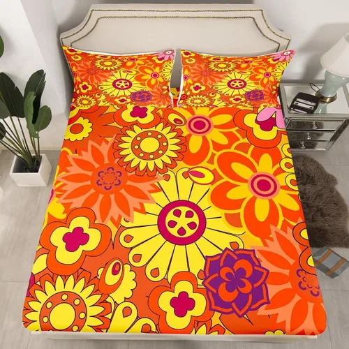 Vista 13 de Juego de ropa de cama con diseño floral bohemio, tamaño individual, diseño retro de flores groovy, 60S y 70S, diseño de flores hippie para niños