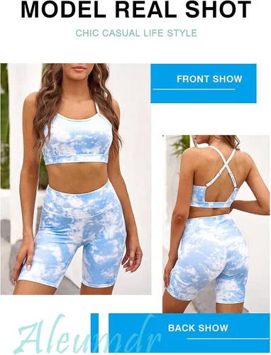 Vista 2 de Aleumdr - Conjunto deportivo de 2 piezas con estampado de leopardo para mujer shorts y brasier deportivo ropa deportiva para yoga entrenamiento