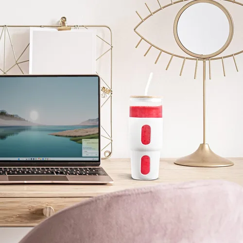 Vista 3 de Vaso de vidrio de 32 onzas con popote y tapa de bambú con funda de silicona, vaso de café helado reutilizable Boba Smoothie, se adapta al soporte