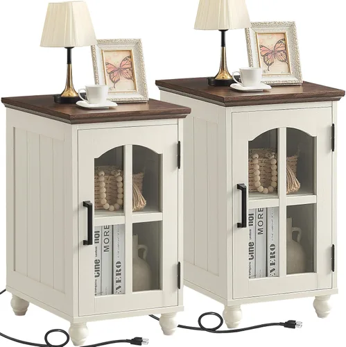 Vista 11 de Mesa auxiliar estrecha, mesita de noche estilo granja con estación de carga, mesa auxiliar de madera con puerta de granero de vidrio y Azul