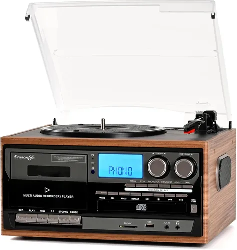Vista 9 de Seasonlife® Tocadiscos de vinilo 10 en 1, tocadiscos vintage, madera retro Madera negra
