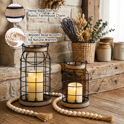 Vista 11 de Farol de vela rústico de granja, 2 faroles decorativos con velas