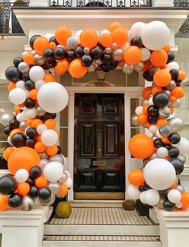 Vista 8 de Kit de arco de guirnalda de globos de Halloween, 116 piezas de arco de globos naranja y negro blanco, globos de papel de aluminio con estrella
