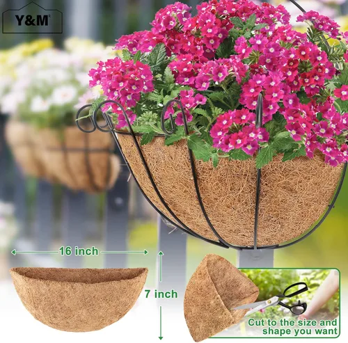 Vista 3 de Y&M Forros de fibra de coco semicirculares preformados de 16 pulgadas, 2 forros de coco natural para cestas colgantes, jardineras, montadas