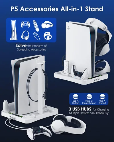 Vista 4 de for PS5 Accessories Cooling Stand, PSVR2 Charging Station - HAPAW PS VR2 Sense Controller Charging Station, Playstation VR2 Headset Headphones