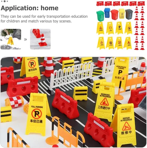 Vista 4 de TOYANDONA 31 piezas de señales de tráfico para niños, conos de tráfico de plástico en miniatura, mini barril, juego educativo piezas para niños