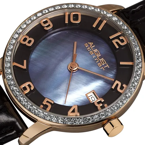 Vista 2 de August Steiner AS8056 - Reloj de cristal para mujer con cristales auténticos en bisel, esfera de nácar con ventana de fecha en correa de piel
