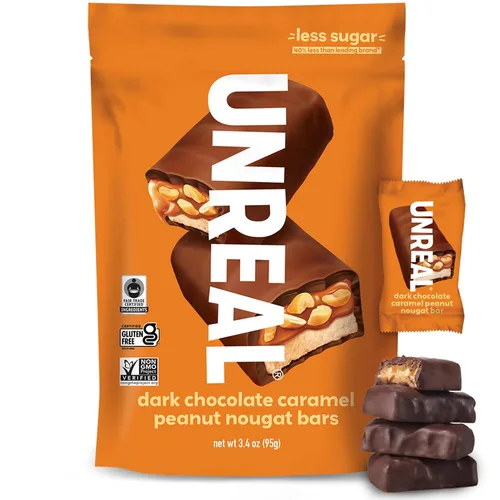 Vista 11 de UNREAL Barras de turrón de cacahuete y caramelo de chocolate oscuro, 70% ingredientes orgánicos, comercio justo, sin OMG, sin jarabe de maíz