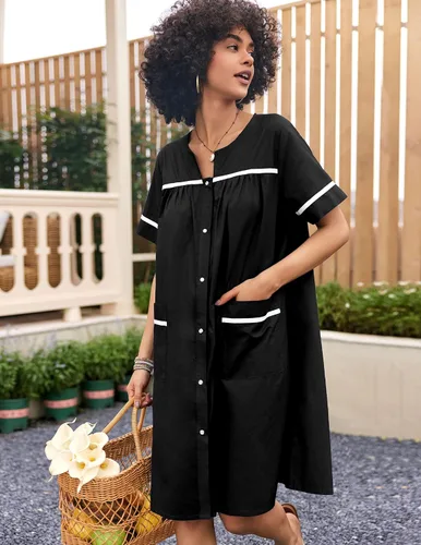 Vista 3 de Ekouaer Ropa de dormir para mujeres, camisón con broches frontales, bata de casa de algodón, manga corta, vestido de casa
